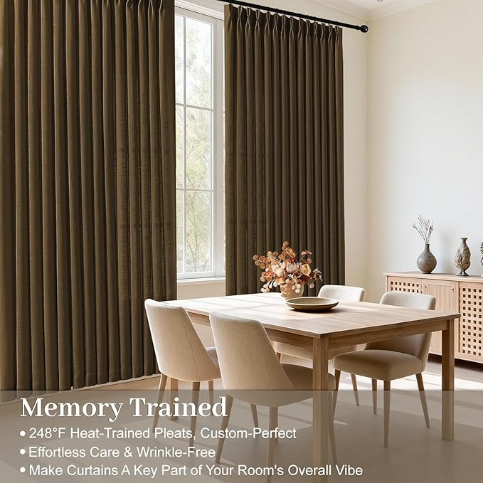 Pinch Pleated Linen Curtains 84 Inch Length 2 Panels Set, Light Filtering Linen Semi Sheer Drapes Memory Trained Pleated Curtain Back Tab for Living Room Farmhouse with Hooks Rings, Dark Chocolate