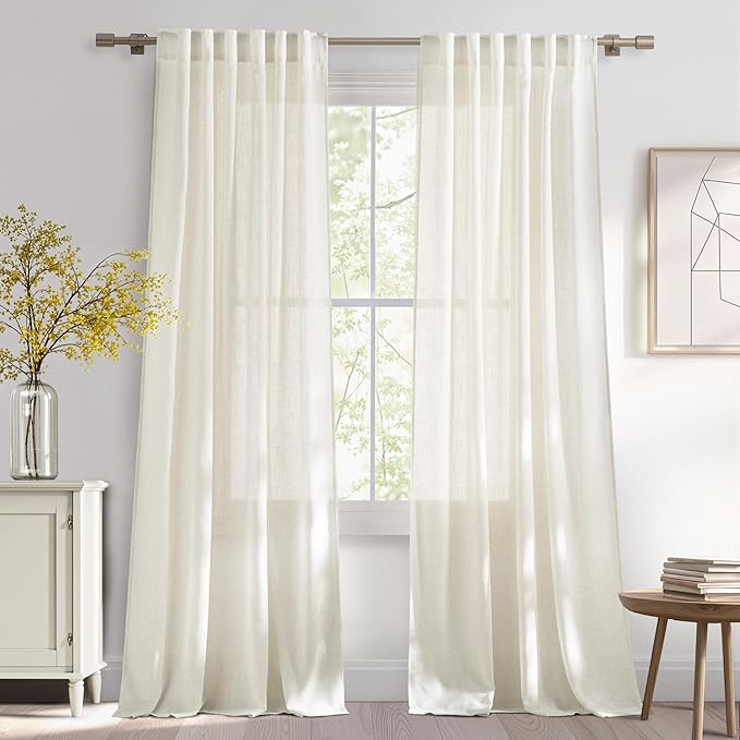 NICETOWN Natural Linen Curtains 96 inch Length 2 Panels, Rod Pocket & Back Tab Linen Blend Semi Sheer Privacy with Light Filtering Drapes for Bedroom/Living Room, W52 x L96