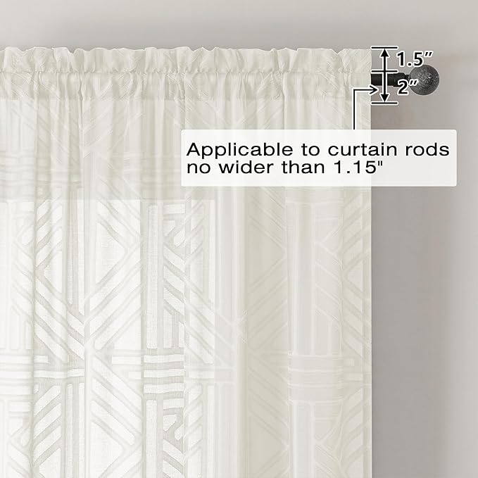 Simplebrand Ivory Semi Sheer Curtains 54 Inch Length 2 Panels, Geometric Jacquard Clip Textured Short Sheer Curtains for Bedroom，Modern Elegant Window Curtains Drapes/Treatment Sheer，42x54 inch