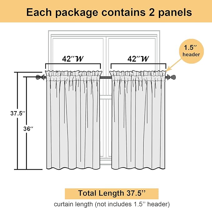Lecloud Chocolate Sheer Curtains 36 Inch Length 2 Panels, Solid Voile Small Window Kitchen Curtains, Dual Rod Pocket Airy Gauzy Tiers for Bedroom, Each Panel 42 X 36 Inch