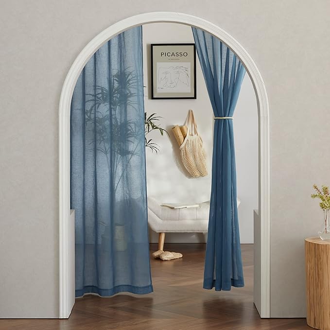 NICETOWN Flax Linen Sheer Curtains for Living Room, (Stone Blue) Grommet Vertical Drapes Semi Sheer Linen Curtains Privacy with Light Filtering for Villa/Farmhouse, W52 x L84, 1 Pair