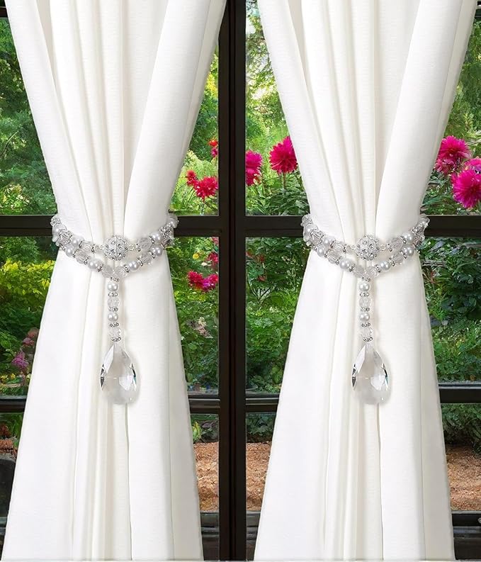 SUQ I OME 1 Pair of Luxury Pearl Beaded Magnetic Curtain Tieback and Holdback Curtain Clips Curtain Buckle Curtain Holder Blingbling Curtain Holdbacks for Drapes (Crystal Mixed Pearl)