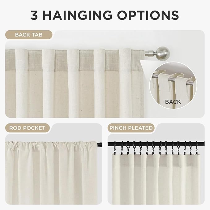Joydeco Curtains, 108 Inches Long, 2 Panels Set, Farmhouse Drapes for Living Room, Semi-Blackout, Linen-Polyester, Ivory on Linen, Rod Pocket