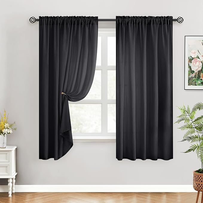 HOMEIDEAS Halloween Non-See-Through Black Privacy Sheer Curtains, 52 X 54 Inches Long 2 Panels Sheer Curtains Light Filtering Window Drapes for Bedroom Living Room