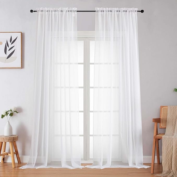 White Sheer Curtains for Bedroom Living Room 96 Inches Long 2 Panels, Modern Airy Soft Lightweight Rod Pocket Light Filtering Sheer Curtains Drapes, White, Each 59" Wx96 L Inch