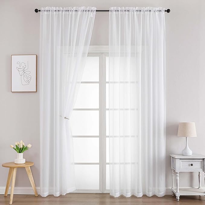 Sheer White Curtains for Bedroom Living Room 90 Inches Long 2 Panels Set, Soft Airy Light Filtering Sheer Window Treatments, Modern Rod Pocket Curtains Drapes, Each 59" Wx90 L Inch