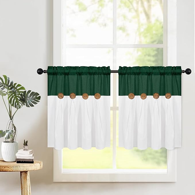 FRAMICS Boho Kitchen Curtains 24 Inch Length, Farmhouse Cotton Linen Tier Curtain, Rustic Button Short Curtains for Windows, Green Country Cafe Drapes, Rod Pocket, Green and White, 26x24