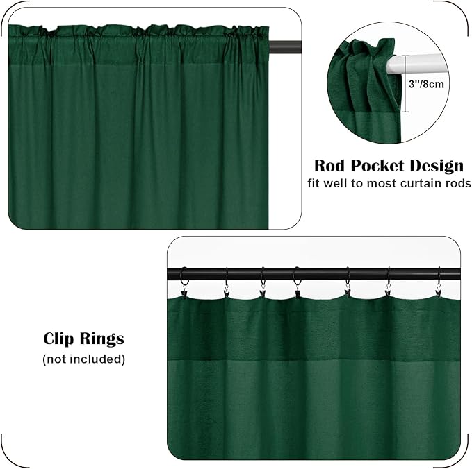 FRAMICS Farmhouse Valance Curtains, Boho Cotton Linen Kitchen Valance, Green Rustic Button Window Valances for Kitchen Bathroom, Country Rod Pocket Valances for Windows, Green and White, 52 x 18 Inch