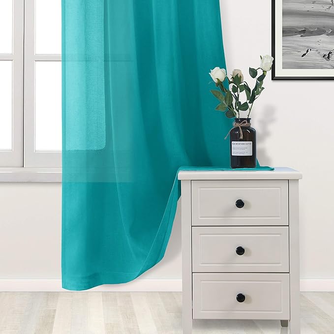 DWCN Turquoise Sheer Curtains Semi Transparent Voile Rod Pocket Curtains for Bedroom and Living Room, 52 x 84 inches Long, Set of 2 Panels
