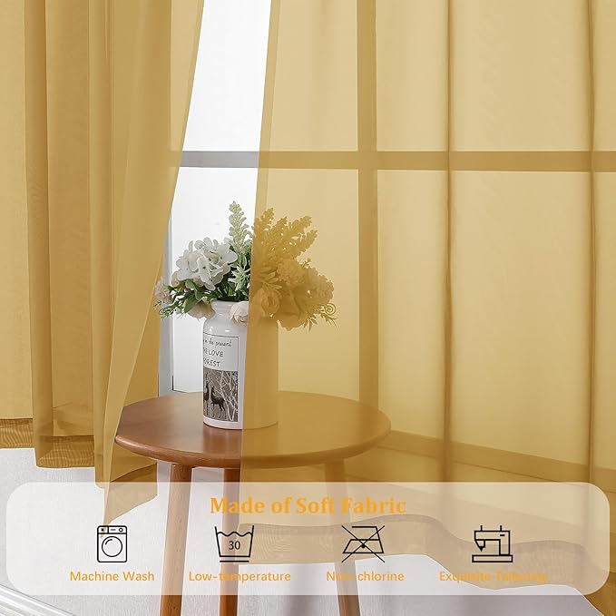 Gwine Gold Sheer Curtains 96 Inches Long 2 Panels, Elegant Window Treatments Voile Curtains for Living Room, Light Filtering Rod Pocket Sheer Drapes, Each 42" Wx96
