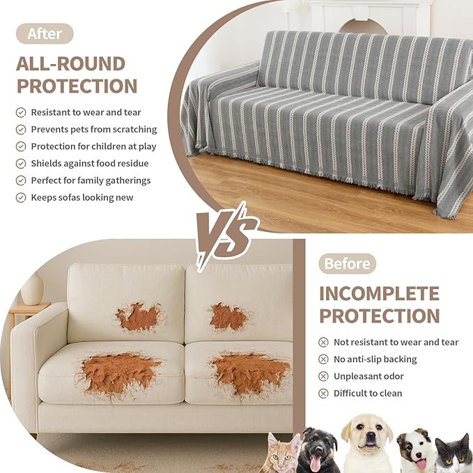 Couch Cover for Dogs, Boho Sofa Covers for 3 Cushion Couch, Chenille Sofa Slipcover for Pets Washable, L-Shape Sectional Loveseat Cover Soft Throw Blankets with Tassels(91x134,Striped Grey)