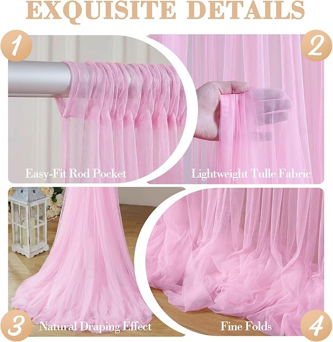 20ft x 12ft Pink Tulle Backdrop Curtain for Baby Shower Party Sheer Fabric Backdrop Curtains for Girls Birthday Gender Reveal Back Drop Wedding Photo Backdrop Drapes Background 4 Panels 5ft x 12ft