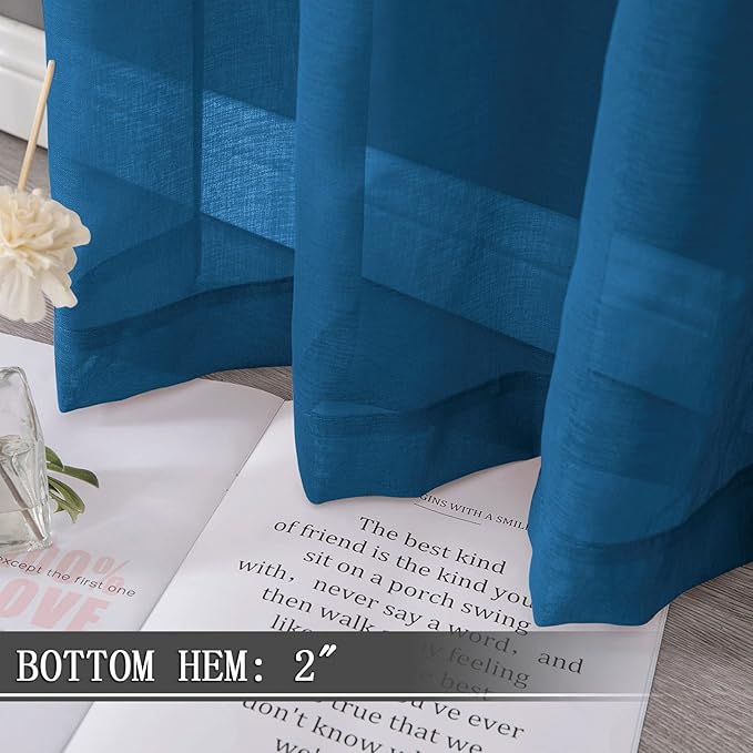 Tollpiz Sheer Curtain Linen Textured Bedroom Curtains Sheer Light Filtering Rod Pocket Voile Curtain for Living Room, 54 x 95 inches Long, Classic Blue, Set of 2 Panels