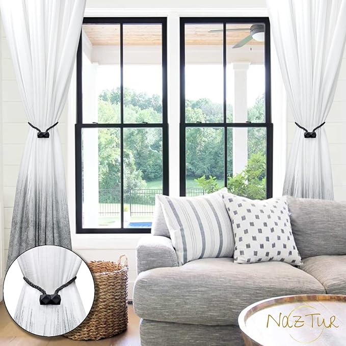 NazTur Magnetic Curtain Tiebacks- Upgrade 2022 with a Thicker Twist Rope & Strong Magnet Tieback Window Treatment Holdbacks Draperies Holders Decorative Drape Handmade Tie Back (Black, 4)