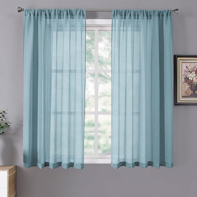 Tollpiz Short Sheer Curtain Linen Textured Bedroom Curtains Sheer Light Filtering Rod Pocket Voile Curtain for Living Room, 54 x 54 inches Long, Dusty Blue, Set of 2 Panels