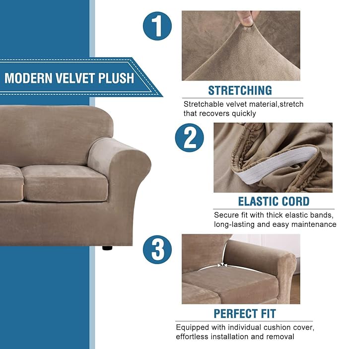 H.VERSAILTEX Velvet Plush 4 Piece High Stretch Sofa Slipcover Cover Furniture Protector Form Fit Thick Velvet Extra Large Sofa Cover for 3 Cushion Couch Width Up to 105 Inch (XL Sofa, Camel)