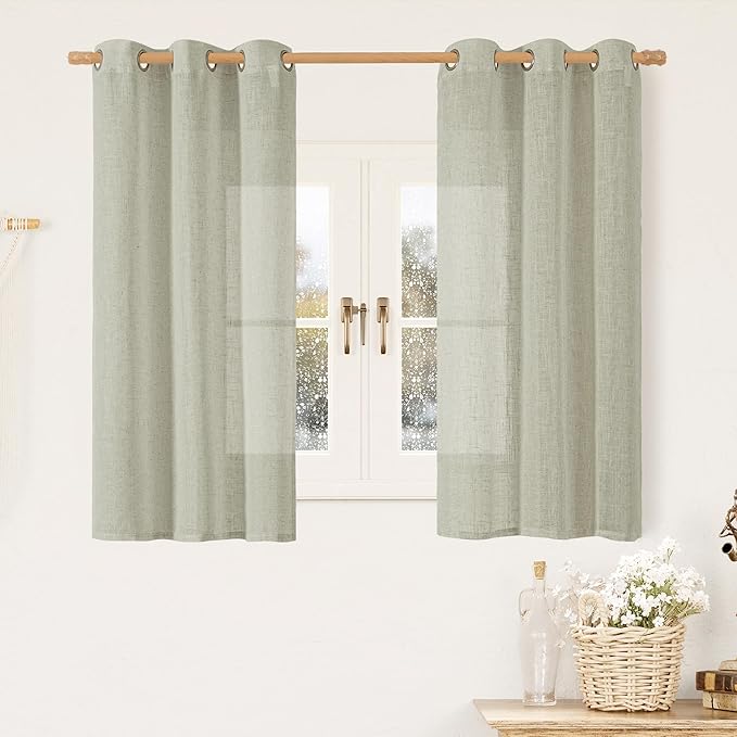 LAMIT Short Linen Curtains 54 Inch Length for Bedroom, Semi Sheer Light Filtering Drapes Bronze Grommet Linen Textured Panels for Kitchen/Bathroom/Living Room, 2 Panels, Sage Grey, 34 X 54 Inch