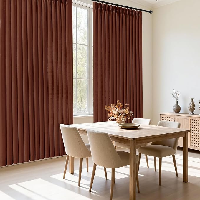 IVAPUPU Pinch Pleated Linen Curtains 96 Inches Long for Living Room, Semi Sheer Light Filtering Memory Trained Pleated Curtain Back Tab Drapes for Farmhouse with Hooks Rings, Chestnut Brown, 2 Panels