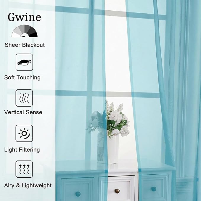 Gwine Short Kitchen Sheer Curtains 36 Inch Length - Light Filtering Voile Small Half Window Curtain for Basement, Rod Pocket Cafe Curtains for Bathroom Cabinet, 42Wx36L Inch, 2 Panels, Aqua