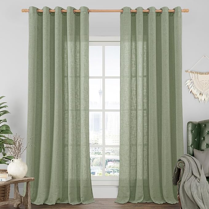 LAMIT Sage Green Linen Sheer Curtains 84 inch for Living Room, Linen Textured Light Filtering Drapes Bronze Grommet Boho Panels for Farmhouse/Living Room, 2 Panels, 60 x 84 Inch