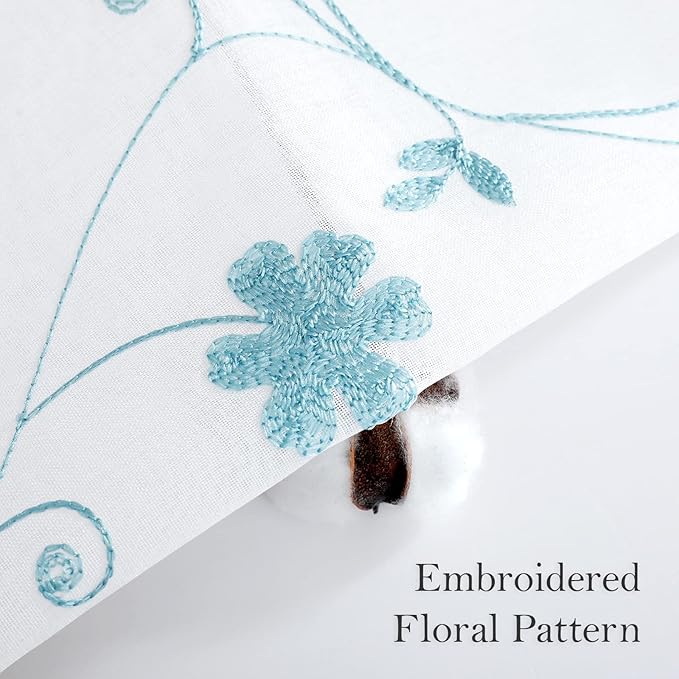 HOMEIDEAS White and Blue Embroidered Floral Sheer Curtains 63 Inch Length 2 Panels Flower Pattern Semi Sheer Window Curtains for Bedroom Living Room