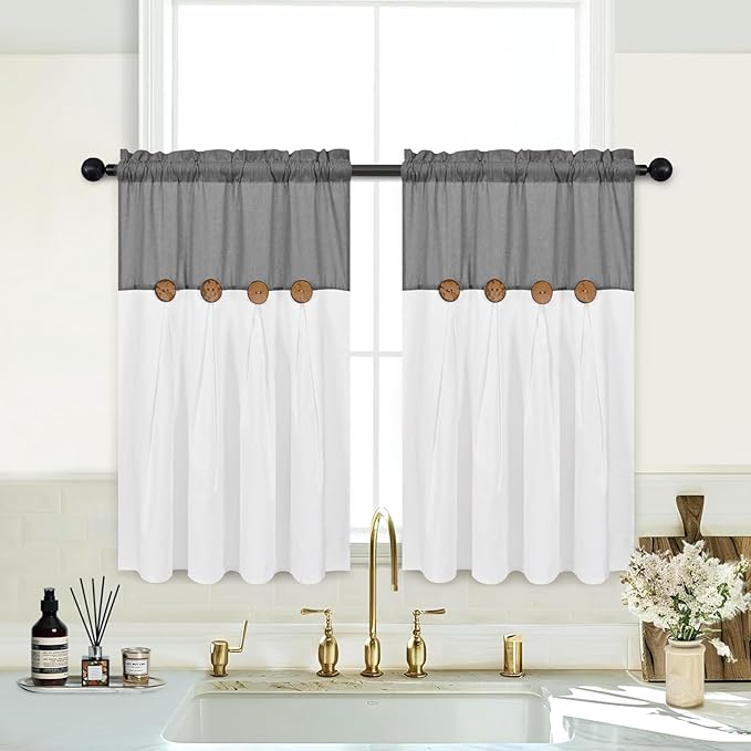 Boho Kitchen Curtains 36 Inch Length, Farmhouse Cotton Linen Tier Curtains, Rustic Button Short Curtains for Windows, Grey Country Cafe Curtains, Rod Pocket Small Window Curtains for Kitchen, 26x36