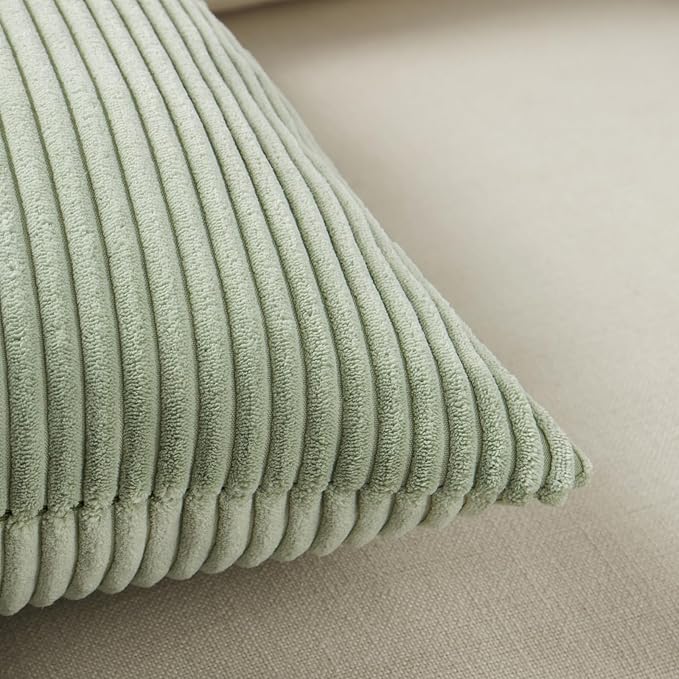 Fancy Homi 2 Packs Sage Green Decorative Throw Pillow Covers 18x18 Inch for Living Room Couch Bed Sofa, Farmhouse Boho Home Decor, Soft Corss Corduroy Patchwork Textured Square Cushion Case 45x45 cm