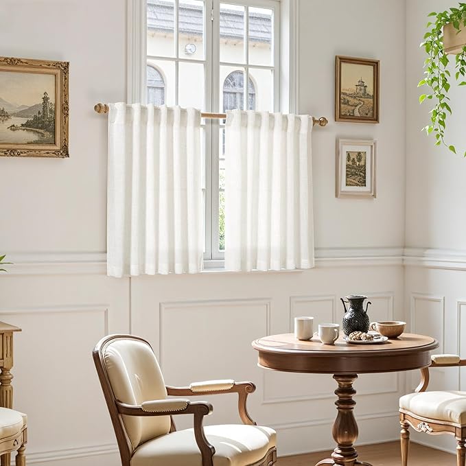 Nanspring 45 Inch Beige White Curtains Linen for Kitchen Short Window Semi Sheer Curtain Neutral Back Tab Rod Pocket Drapes Small Window for Cafe Bathroom 40 X 45,2 Panels