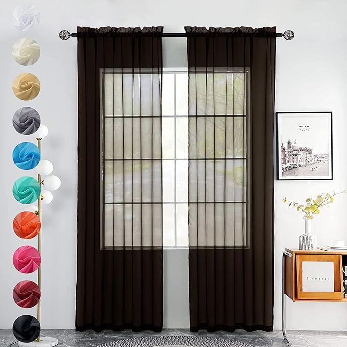 youleyar Solid Sheer Rod Pocket Curtain Voile Draperies 2 Panels White Beige Black Grey Coffee 52 Inch Width 72 Inch Long 1 Pair for Kitchen Bedroom Children Living Room Yard(Coffee,52Wｘ72L)