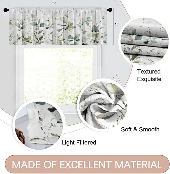 Emvency 4 Pack Valances Window Treatments, Green Watercolor Eucalyptus Leaves Blackout Adjustable for Living Room Bathroom Bedroom Kitchen Over Sink, 52x18 Inch Rod Pocket Valances