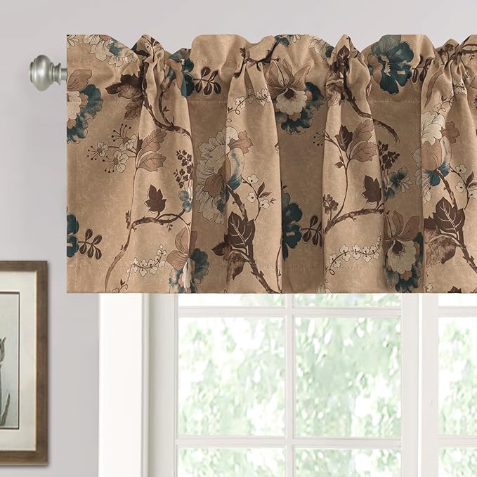 H.VERSAILTEX Blackout Curtain Valances for Kitchen Window/Living Room/Bathroom Privacy Added Rod Pocket Home Decoration Winow Valance, 52" W x 18" L, Floral in Brown and Blue