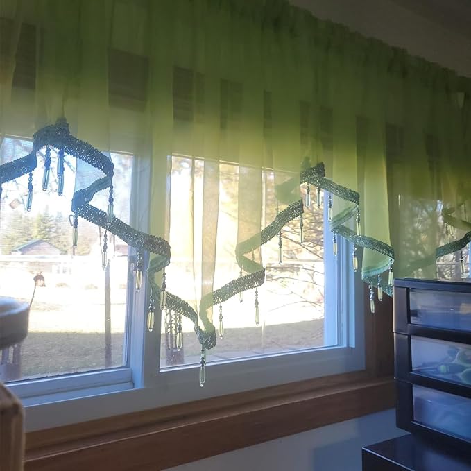 Molaxhome Swag Curtain 51 inch Length Rod Pocket Scalloped Curtain Valance Sheer Lace Panels with Hanging Crystal Beads for Kitchen Bedroom Window Treatments Drape Decor 1pc (Green, 51Wx23L)