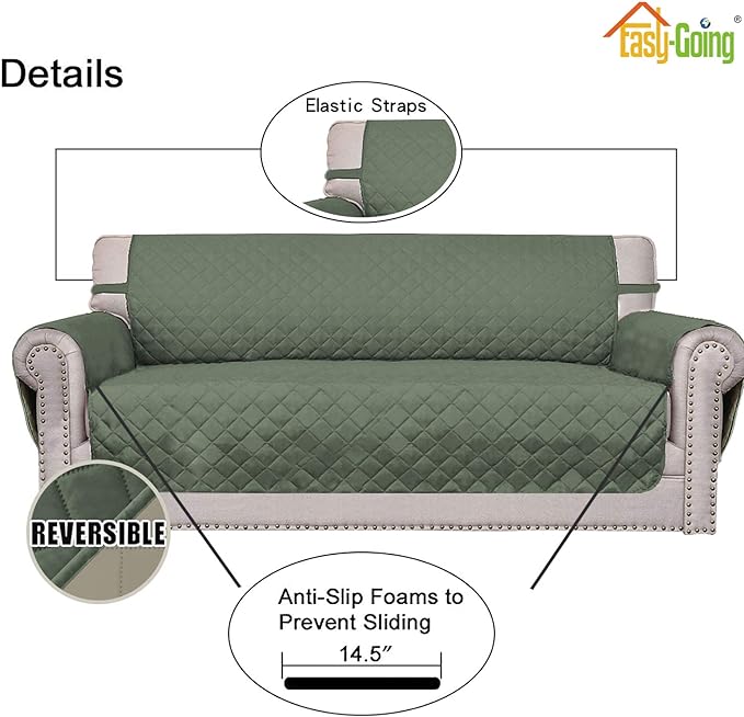 Easy-Going Reversible Loveseat Couch Cover for 2 Cushion Couch Sofa Cover for Dogs Water Resistant Furniture Protector with Foam Sticks Elastic Straps for Pet (Loveseat, Greyish Green/Beige)