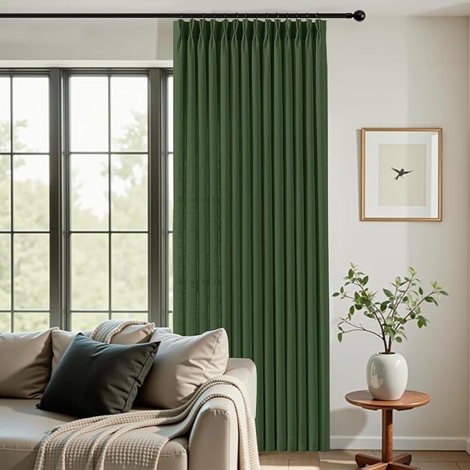 IVAPUPU 96 Inch Linen Curtains for Living Room, Pinch Pleated Semi Sheer Curtain Light Filtering Modern Memory Trained Back Tab Drapes with Hook for Bedroom Farmhouse, Olive Green, W40xL96, 2 Panel