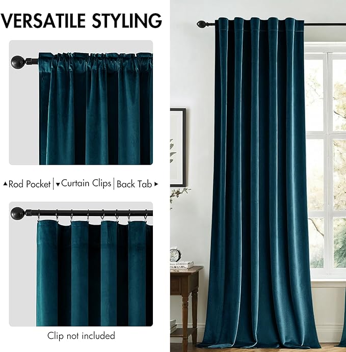 MIULEE Blue Velvet Curtains 96 inches 2 Panels - Luxury Room Darkening Curtains for Bedroom Living Room Thermal Insulated Super Soft Window Drapes Rod Pocket & Back Tab, Peacock Blue
