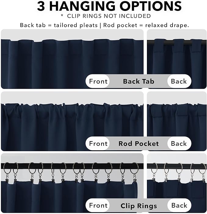 Deconovo Blackout Curtains, Thermal Insulated, W70 x L63 2 Panels, Back Tab, Machine Washable, Room-Darkening Drapes for Bedroom/Living Room Navy Blue