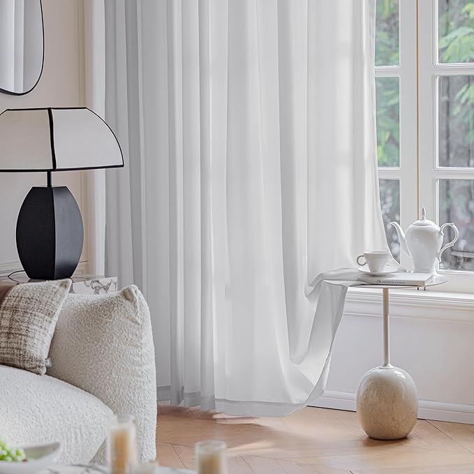 FMFUNCTEX Sheer Non-See-Through Grey Curtains for Bedroom, Faux Silk that Let Light Curtains 96 inches Long Light Filtering Privacy Sheer Window Drapes for Living Room, Rod Pocket 2 Panels Set
