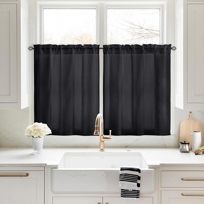 HOMEIDEAS Halloween Non-See-Through Black Privacy Sheer Kitchen Curtains, 30 X 36 Inches Long 2 Panels Short Sheer Curtains Light Filtering Bathroom Window Drapes for Bedroom Living Room