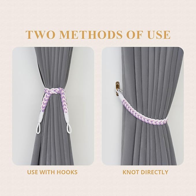 NICEEC 4 Pack Natural Cotton Rope Curtain Tiebacks Elegant Boho Style Decorative Drape Tie Backs Soft Hand-Woven Rope Curtain Holdbacks with Metal Hook for Home & Office Drapery (Purple & White)