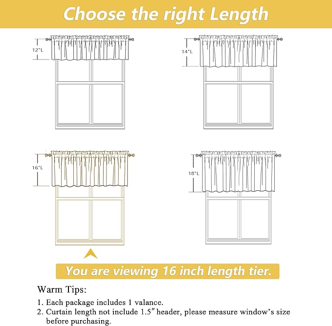 OWENIE Linen Valances for Windows 1 Pcs, Light Filtering Textured Farmhouse Short Small Valance Curtains for Bathroom Basement Living Room Bedroom, Rod Pocket Half Curtains Over Sink, 52" Wx16 L