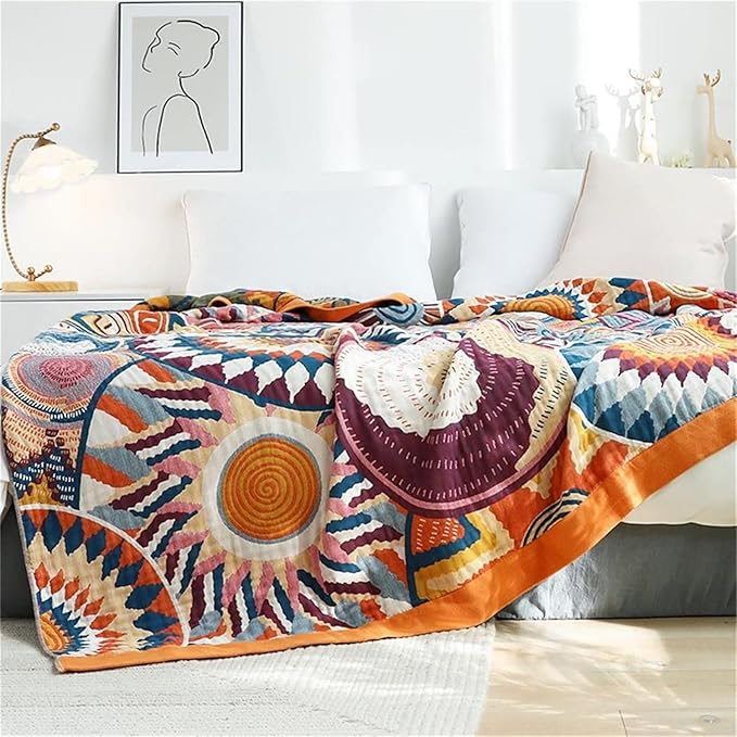 MSGKV Boho Throw Blanket for Bed 60"x80" 100% Cotton Couch Twin Size Blanket Spring Breathable Lightweigh Blankets Home Decor Muslin All Seasons