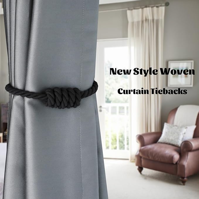 BEL AVENIR Magnetic Cotton Curtain Tiebacks, Decorative Drapery Holdbacks Modern Woven Tie-Backs with Exquisite Knot (Black Cotton, 6 Pack)