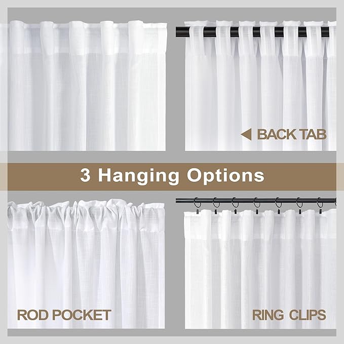 White Textured Curtains 72 Inch Length for Living Room 2 Panels Back Tab Pocket Energy Efficient Light Filtering Canvas Cotton Look Sheer Drapes for Bedroom Patio Door Farmhouse Boho Decor 52x72 Long