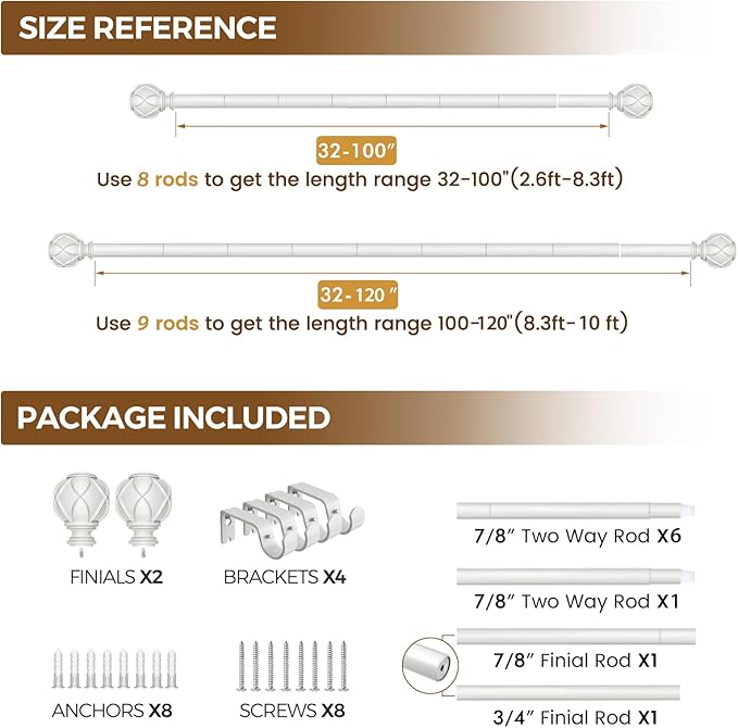 KAMANINA Curtain Rods for Windows 66 to 120 Inch, 7/8 Inch White Heavy Duty Curtain Rod 32 to 120 (2.6-10ft), Adjustable Decorative Drapery Rods with Netted Texture End