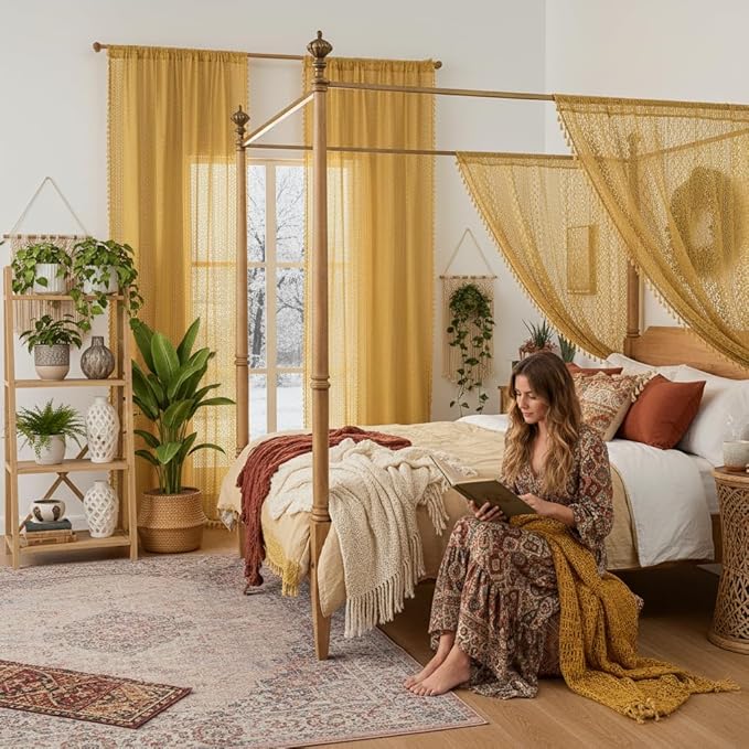 WAZZIO Boho Lace Curtains 84 Inches 2 Panel,Light Filtering Privacy Tassel & Geometry Crochet Semi Sheer Curtain Drapes for Bedroom Living Dining Room,Rod Pocket & Tassel,Mustard Yellow