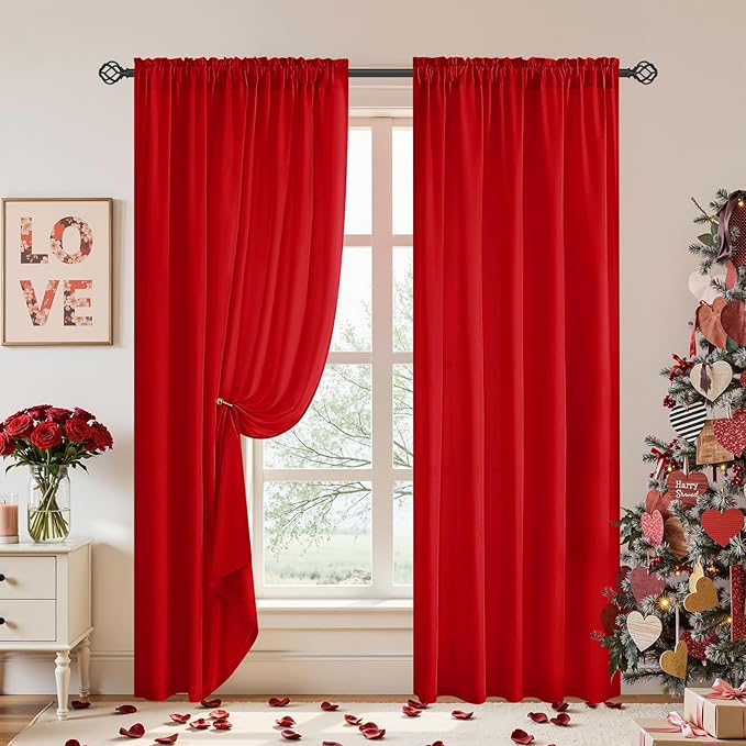 HOMEIDEAS Christmas Non-See-Through Red Privacy Sheer Curtains, 52 X 96 Inches Long 2 Panels Sheer Curtains Light Filtering Window Drapes for Bedroom Living Room