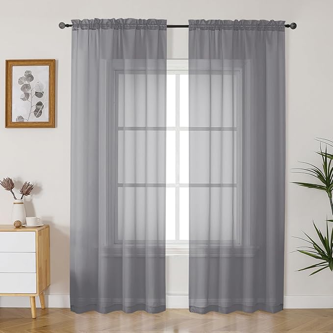 Gwine Charcoal Grey Sheer Curtains 84 Inches Long 2 Panels Set for Living Room, Rod Pocket Voile Bedroom Curtains, Light Filtering Solid Window Sheer Panels, Each 42" Wx84 L