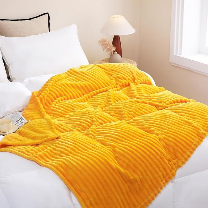 Gold Fleece Throw Blanket 50”×70” for Couch Sofa Bed,Super Soft Cozy Plush Microfiber Flannel Blanket with Stripes Design Lightweight for Adults,Woman,Girls