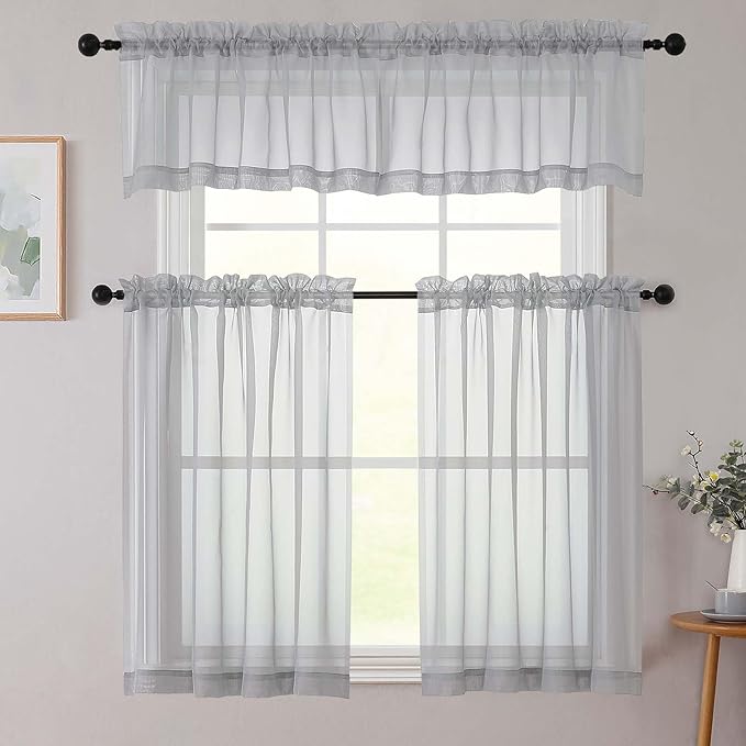 Light Grey Valances for Windows, Light Grey Sheer Curtains 14 Inch Length 2 Pack Kitchen Curtain, Modern Solid Mini Small Window Curtains for Cafe Bathroom Basement, Each 42" Wx14 L Inches