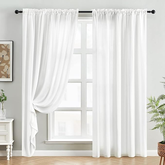 HOMEIDEAS Non-See-Through White Privacy Sheer Curtains 52 X 84 Inches Long 2 Panels Sheer Curtains Light Filtering Window Curtains Drapes for Bedroom Living Room